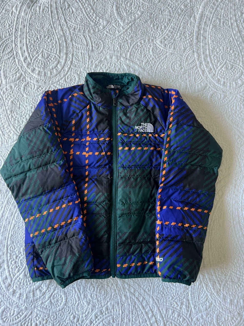 The North Face Kids Green & Navy Plaid Puffer Jacket